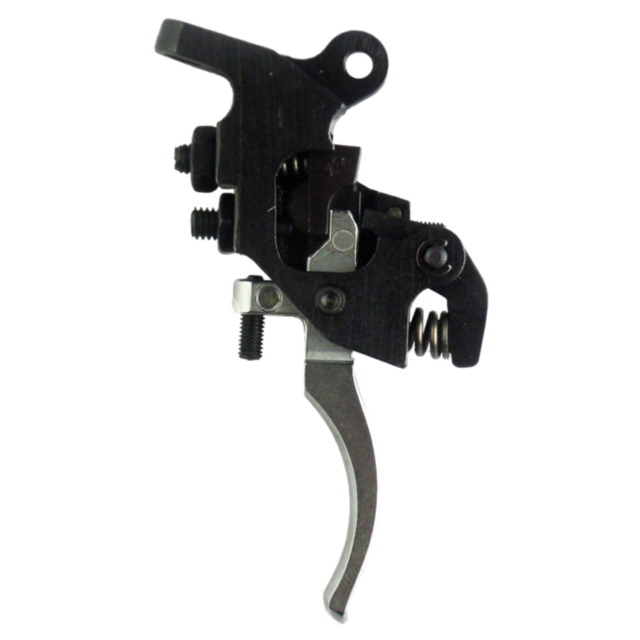 Close-up of the TRIGGER ASSEMBLY 527/550, highlighting various metal levers, screws, and springs. This intricate piece is part of a trigger mechanism with a curved trigger and multiple moving components, showcasing an industrial design.