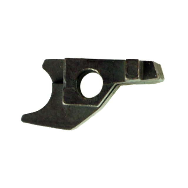 A metallic, irregularly shaped object with a central circular hole, showcasing a curved extension and angular edges, reminiscent of the SEAR P-07/P-09. The surface looks smooth and dark-colored, similar to a machine or mechanical part.