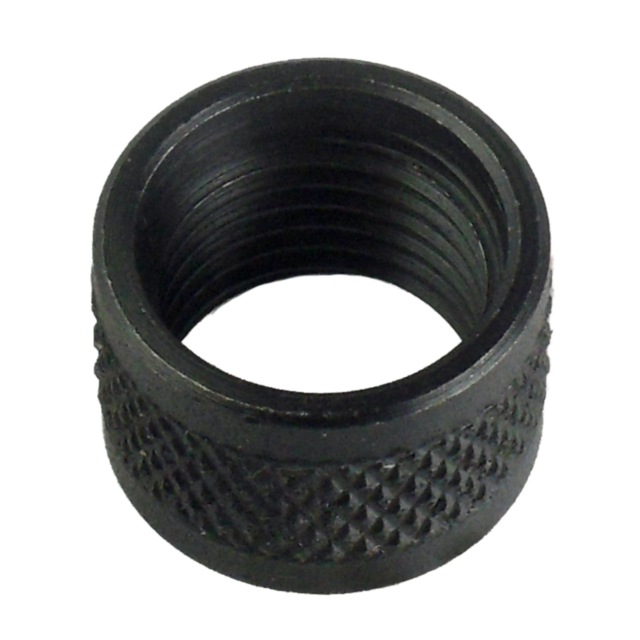 Close-up of the 452 THREAD PROTECTOR CAP, a black knurled metal ring designed for connecting and securing parts. It features a textured grip pattern for easier handling.
