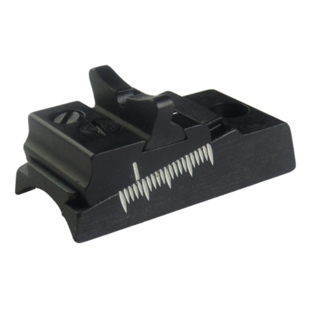 Introducing the REAR SIGHT 550 FS/550 MED MAG LPA, a black metal rear sight designed for firearms, specifically compatible with the 550 MED MAG. It boasts a serrated ramp and an adjustable notch, alongside a matte finish. The visible screws ensure easy mo