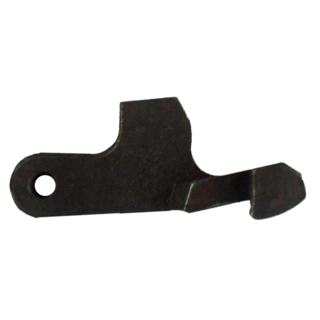 A metal component with a rusty, irregular shape features a hole at one end and a curved hook on the other, reminiscent of something from the SEAR 550 MAGNUM. Its dark brown and black colors indicate signs of oxidation or wear.