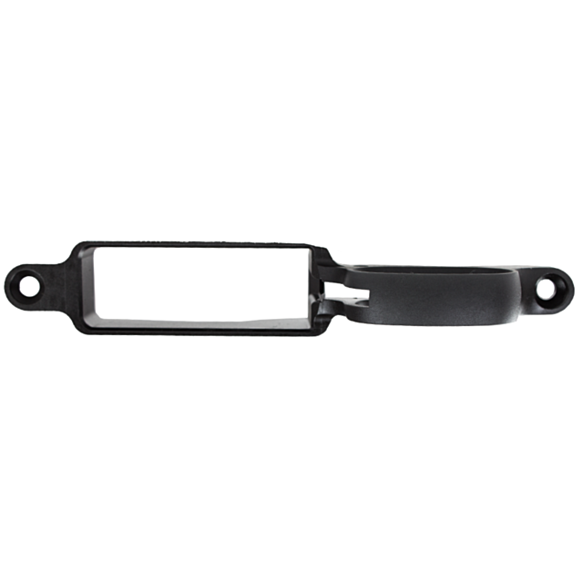 The TRIGGER GUARD 557 is expertly crafted from black plastic to securely hold components in place. It features a rectangular opening, two mounting holes, and a circular extension on the right side for stable and secure fitting.