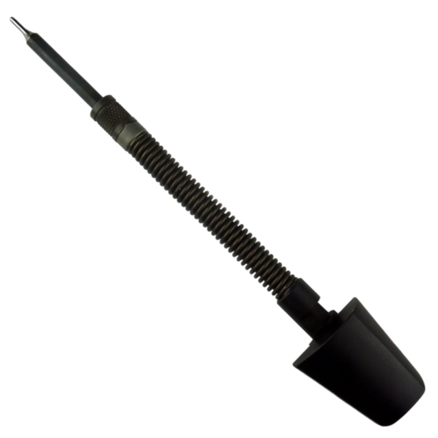A black soldering iron with a tapered metal tip and ribbed grip handle ensures precision, making it ideal for electronic soldering and assembly tasks. This tool boasts sleek black housing, an insulated cord attachment, and offers reliability comparable to