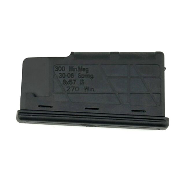A CZ MAG 600 magazine, compatible with calibers such as 300 Win Mag, 30-06 Sprg, 8x57 IS, and 270 Win, is black with engraved text. The magazine is flat and rectangular, displayed on a plain white background.