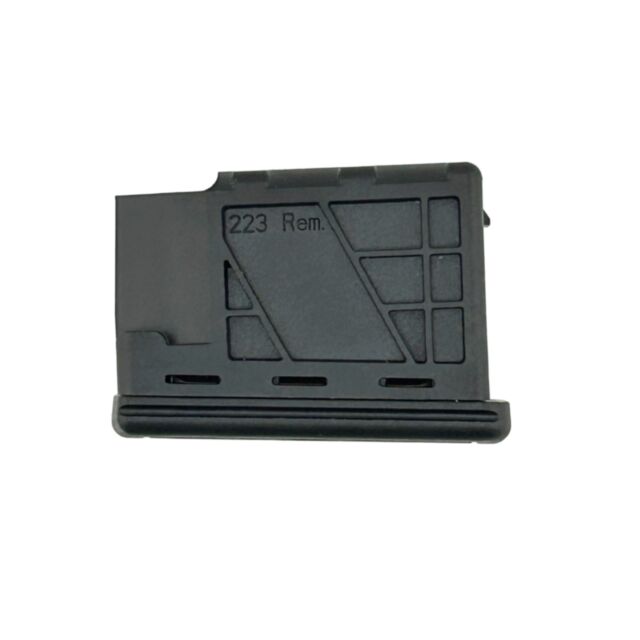Image of a black magazine for a rifle, labeled "CZ MAG 600 223 5RD." The magazine features a grid pattern on the side and has a rectangular shape, designed to hold ammunition for a .223 Remington caliber firearm.