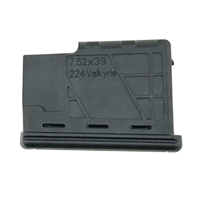 A CZ MAG 600 magazine, compatible with 7.62x39 and .224 Valkyrie, featuring a black rectangular design with the product name engraved on its side and three horizontal slots near the base.