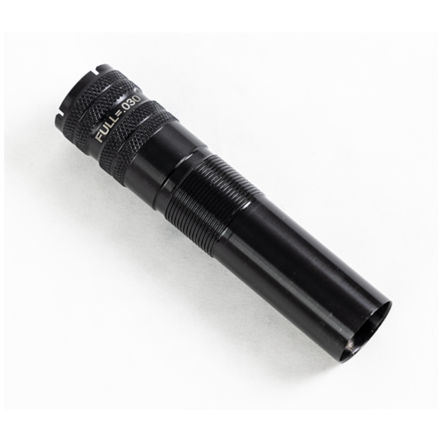 A black tactical flashlight with textured grip and a label reading "1012 F Chokes" near the end, placed on a plain white background.
