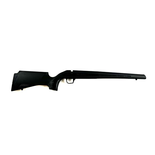 Image of the Stock CZ 600 Alpha long, a black rifle stock with a textured grip and trigger. It securely holds the rifle's barrel and action, appearing to be made of sleek synthetic material with a modern design.