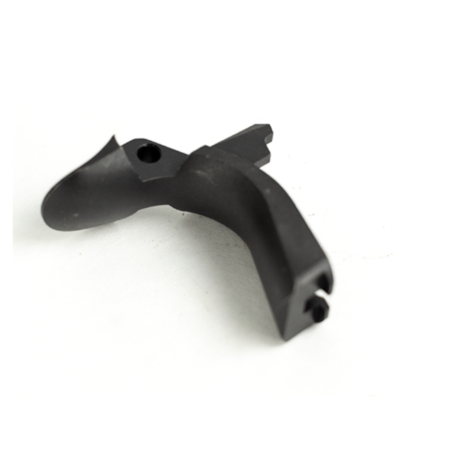 A blue BEAVERTAIL GRIP SAFETY TACTICAL, crafted from plastic or metal in a curved shape with a hole and protruding tab, positioned on a white surface.