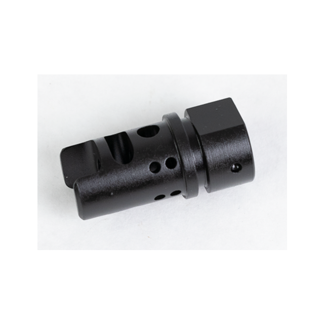 A close-up image of the COMPENSATOR 5/8x24 30cal, crafted from black metal with several circular holes and a rectangular attachment end, designed for gunsmith installation, lying on a white surface.