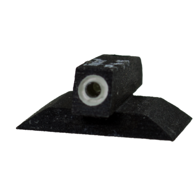 Close-up of a small black rubber object with a cylindrical white center, resembling a skateboard wheel, mounted on a textured black base—similar to the precision of the FRONT SIGHT NIGHT SIGHT .140.