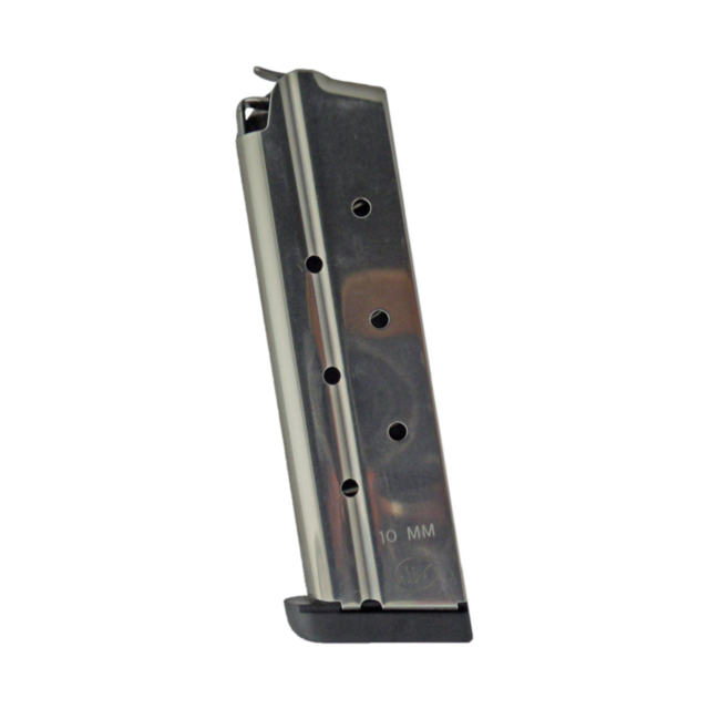 A stainless steel magazine for the MAG 8 RD 10MM stands upright, showcasing several round indicator holes along the side. It is marked with "10MM" near the bottom and includes a black plastic base plate for an 8-round capacity.