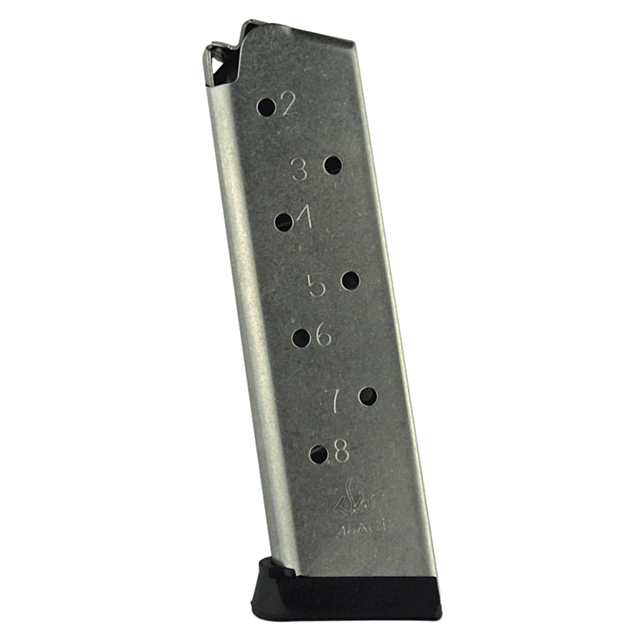 A silver magazine for 45 caliber rounds, featuring eight circular bullet indicator holes marked from two to eight, with a black base known as the bumper extended. It is positioned upright.
