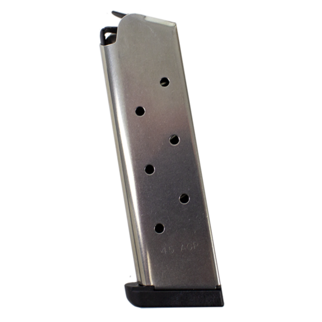 The MAG 8 RD 45 cal REMOVABLE BASE is a silver handgun magazine featuring small circular holes on the side, a black removable base, and an engraved "45 ACP" on the bottom.