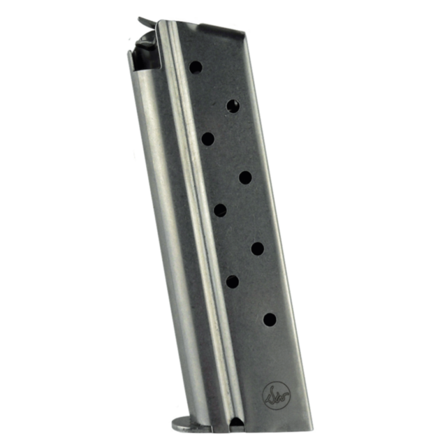 A MAGS 9 RD 9MM (09-85) magazine, featuring a line of holes for holding 9mm ammunition, stands upright against a white background. This design ensures quick loading and reliability.