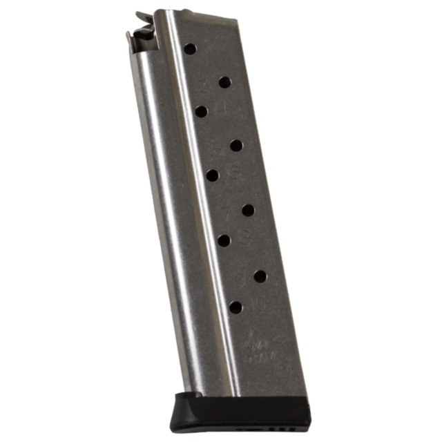 The MAGS 10 RD 9MM is a magazine clip for firearms, featuring a silver exterior with ten visible bullet indicators along its side and a sleek black baseplate at the bottom, designed to fit 9MM rounds seamlessly.