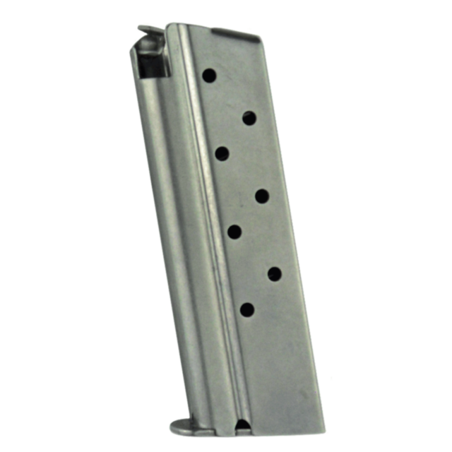 The MAG 8 RD 9MM magazine, designed for ECO/CCO models, features a stainless steel finish and seven round holes on its side for effortless ammunition capacity indication. When held upright, its smooth, metallic surface and rectangular shape are apparent.