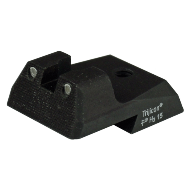 The 1911 REAR SIGHT TACTICAL 2 DOT is a black tactical accessory for a 1911 firearm, featuring "Trijicon" and "H3 15" markings. It includes a notched design for precise alignment and two small reflective dots to enhance visibility.