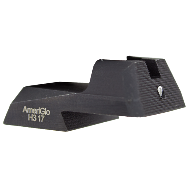 Close-up of a black DW 1911 Tritium Rear Sight Tactical with "AmeriGlo H3 17" engraved on its side. This tactical sight for the 1911 features serrated upper edges and a small white mark on the rear for enhanced visibility.