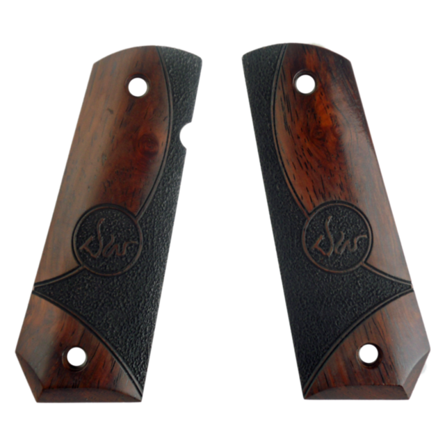 The GRIPS SLIM SHADOW BOBBED features two sleek wooden pistol grip panels with a dark finish. Each slim panel is adorned with textured black inlays and a circular engraved design at the center. These grips are designed with screw holes at both the top and