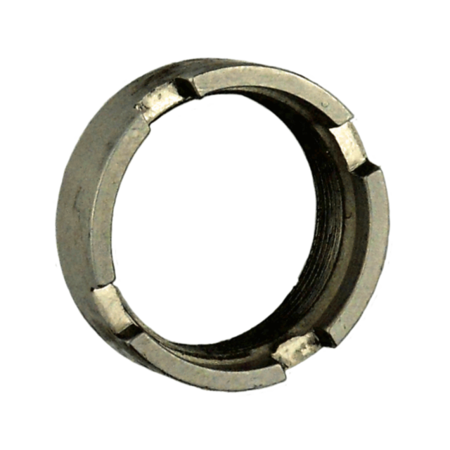 A detailed view of the LARGE FRAME BARREL NUT SS, showcasing its circular shape and edged notches against a white background. The stainless steel construction features a rugged finish, ideal for securing components in mechanical or engineering tasks.