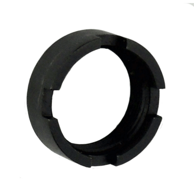 A LARGE FRAME BARREL NUT BLUED, which is black and circular with notches around its outer edge, viewed against a plain white background.