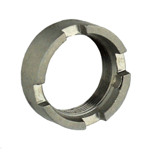 A SMALL FRAME BARREL NUT SS, featuring a silver metal design with a threaded interior and four notches on the outer edge, likely serving as a lock or retaining ring to secure components in mechanical assemblies.