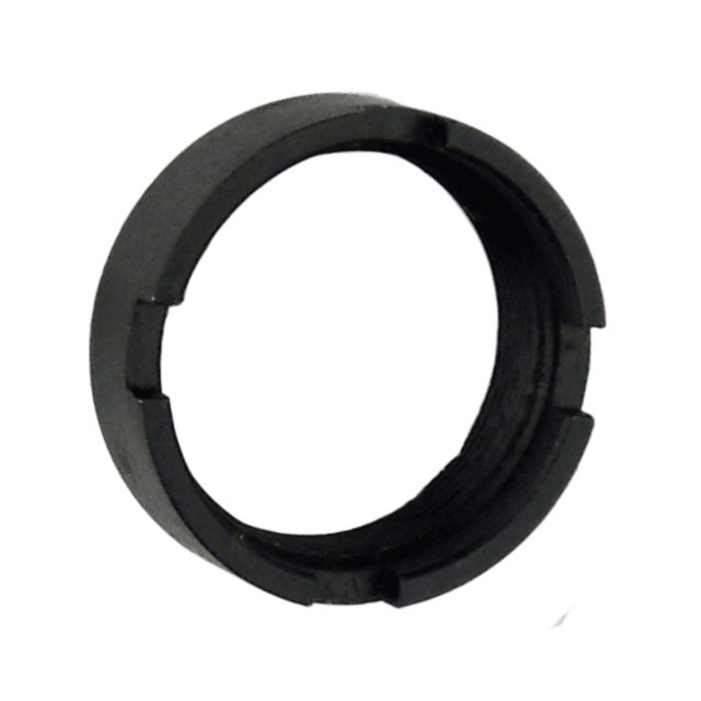 A compact black circular plastic piece featuring notches on the inner rim, resembling a threaded barrel nut or cap. This discreetly framed component, known as the SMALL FRAME BARREL NUT BLUED, enhances functionality in any assembly.