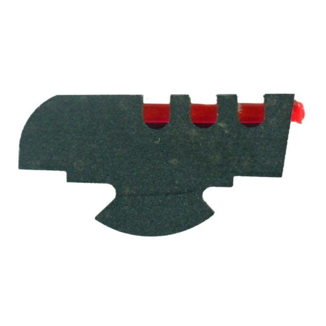 A FIBER OPTIC FRONT SIGHT FOR REVOLVERS stands isolated on a white background, with its sleek black and red design and three slots for precision reminiscent of finely-tuned revolver mechanisms.