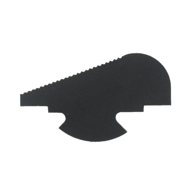 The SERRATED FRONT SIGHT FOR REVOLVERS is a flat, black object with an irregular gear-like shape, a rounded top, a semicircular cutout at the bottom, and an upper left serrated edge reminiscent of classic revolver sights.