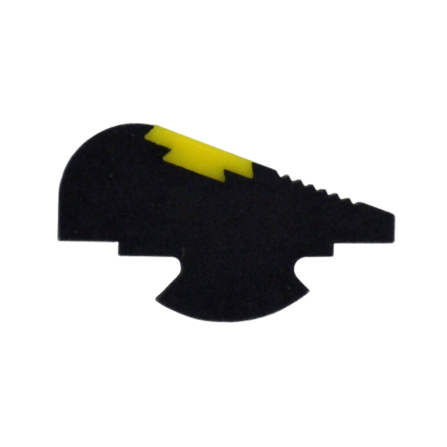 A black and yellow abstract shape takes the form of a stylized creature with a zigzag pattern across the top, evoking an artistic interpretation of the YELLOW INSERT FRONT SIGHT.