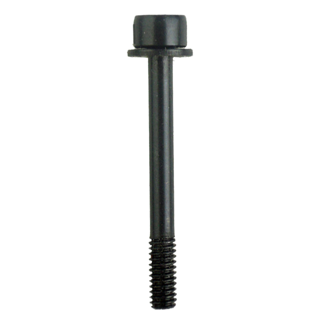 The GRIP SCREW - LONG is a black, metallic fastener featuring a threaded base and a smooth shaft that leads to a cylindrical head. The lighting accentuates its glossy finish, showcasing every detail of this vital piece of hardware against the contrasting