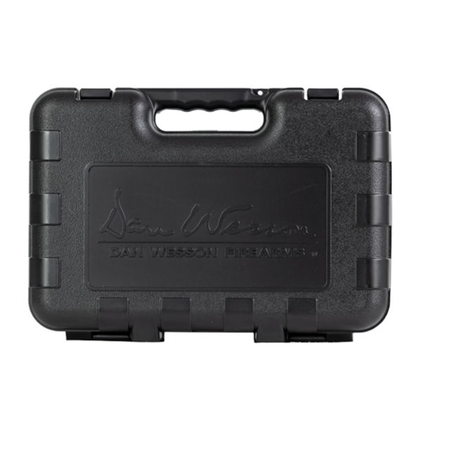 A black hard plastic REVOLVER PISTOL CASE with a handle, featuring the embossed text "Dan Wesson Firearms" on the front. The case boasts secure, reinforced edges and a straightforward rectangular design.