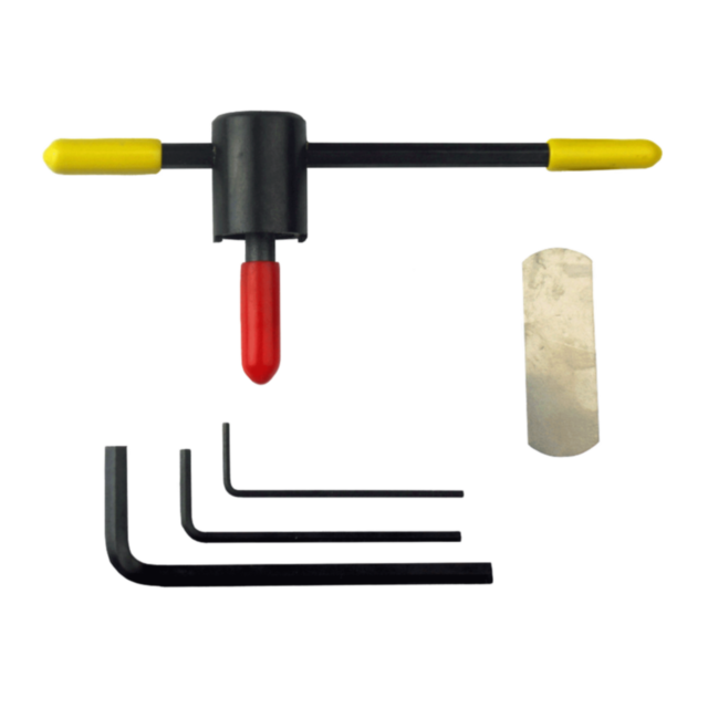 Introducing the WRENCH KIT .22, which includes a T-handle hex key tool kit with red and yellow grips, three L-shaped hex keys of varying sizes, and a silver metal shim.