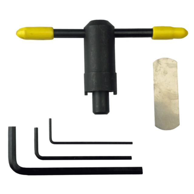 A T-handle tool with yellow ends, a metal strip, and four Allen wrenches of various sizes from the WRENCH KIT SM FRAME 357 are organized against a white background.