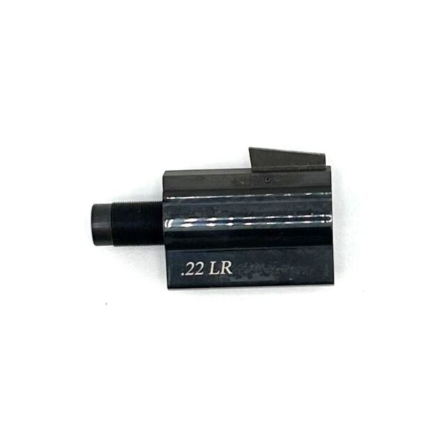 The B/A, Blued .22 LR 2.5-inch barrel adapter is black and shown on a white background, featuring a round threaded section on the left and flat surfaces with engraved text on the right.