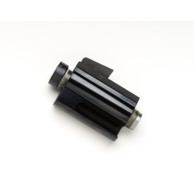 A B/A, BLUED 357 2.5 inch black metal cylindrical component, featuring threaded ends and a glossy finish, rests on a white surface. It includes a diagonal cutout section that reveals its interior, suggesting it could be part of a mechanical or industrial