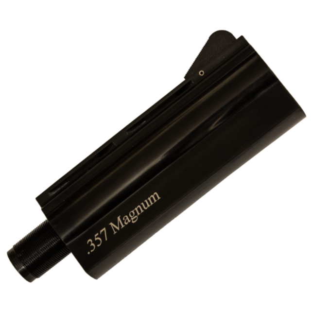 A B/A, BLUED 357 4 INCH gun barrel set against a stark white background, featuring the engraved ".357 Magnum" text on its side.
