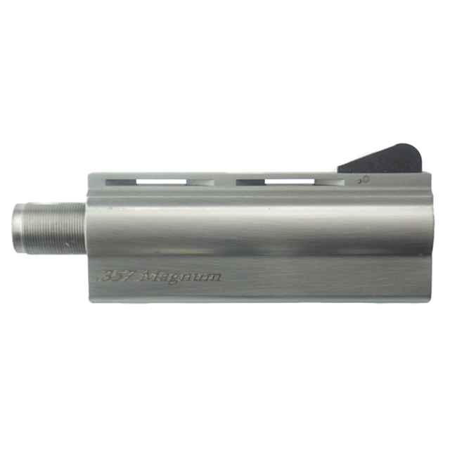 Detailed view of the B/A, SS 357 4 INCH stainless steel revolver barrel. With ".357 Magnum" engraved on the side, this 4-inch barrel includes a threaded end with notches along the top section, highlighting its design.