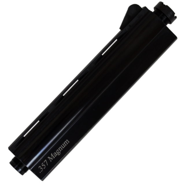 A black silencer with a blue finish, engraved with "B/A, BLUED 357 6 INCH," showcases a sleek cylindrical shape and threaded ends for easy attachment.