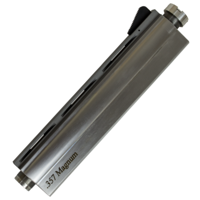 A close-up of the B/A, SS 357 6 INCH barrel showcases the grooved details and engraved text. This stainless steel barrel features a threaded end with an angled sight on top.