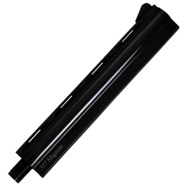 Close-up image of the B/A, BLUED 357 8 INCH with "357 Magnum" engraved on its side. The sleek blued finish of the 8-inch barrel is highlighted against a white background, emphasizing its polished metal surface.