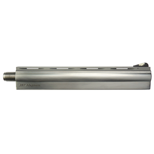 A close-up view of the B/A, SS 357 8 INCH gun barrel highlights its gleaming stainless steel surface, with ".357 Magnum" elegantly inscribed on the side. The design features a series of vent-like cutouts along the top and a small black and white sight aff