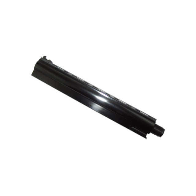 The B/A, BLUED 357 10 INCH is a black, cylindrical metal tube featuring a vented top and a shiny, reflective surface with a sleek finish. It tapers slightly at one end and belongs to the mechanical or industrial category, with its edges subtly blued for a