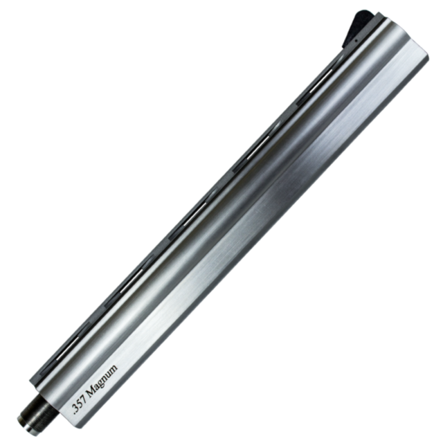 The barrel of the B/A, SS 357 10 INCH revolver.