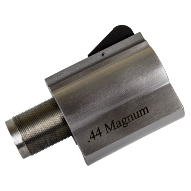 Close-up of a B/A, SS 44 2.5 INCH muzzle with engraved text and a threaded barrel. The metal surface showcases a matte finish and rounded edges, accented by a small black section on top.