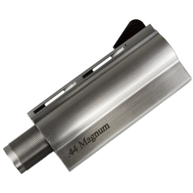 Close-up of a 4-inch silver revolver barrel engraved with the product name "B/A, SS 44 4 INCH." The barrel is disassembled from the rest of the firearm, showcasing its structure and rifling.