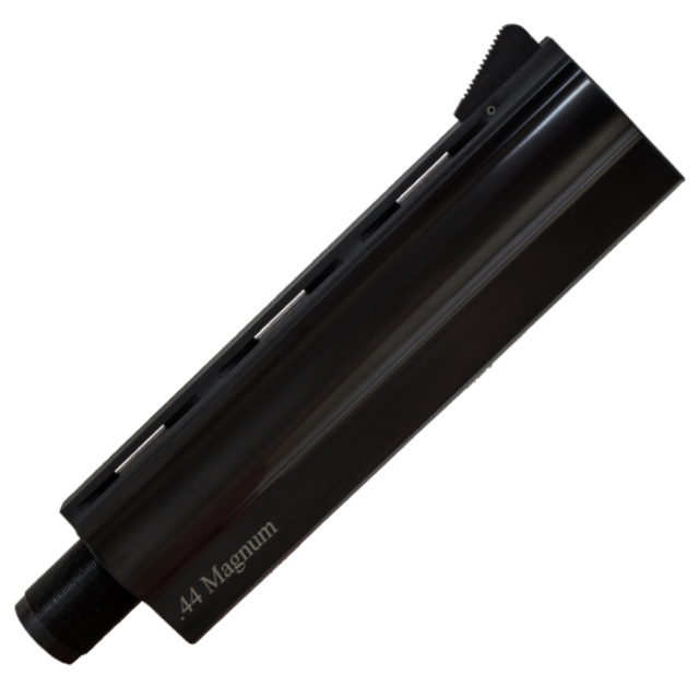 Close-up of a 6-inch B/A, BLUED 44 revolver barrel against a white background. The barrel showcases a vented rib design and is etched with ".44 Magnum" near the threaded end.