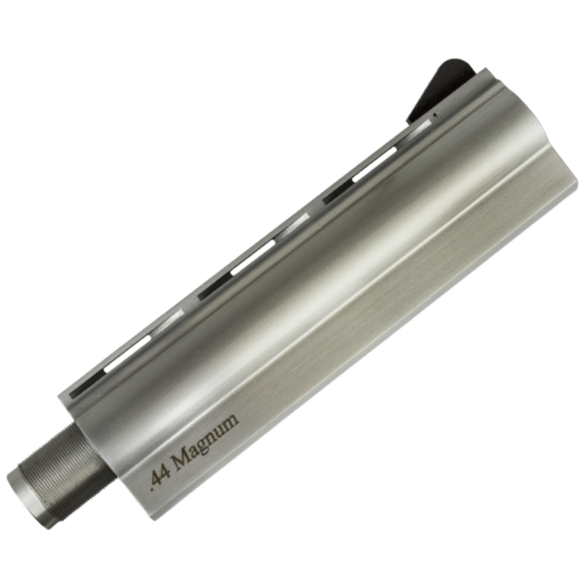 A close-up of a metallic B/A, SS 44 6 INCH gun barrel with a threaded end. The barrel boasts a smooth, silver finish and "44 Magnum" engraved on its side.