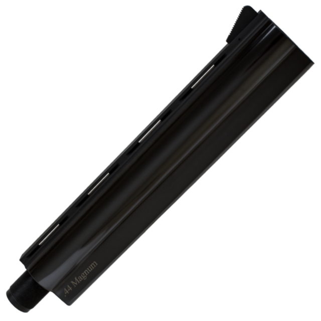 A blued 8-inch B/A barrel with vented top and "44 Magnum" inscribed on the side, isolated on a white background.